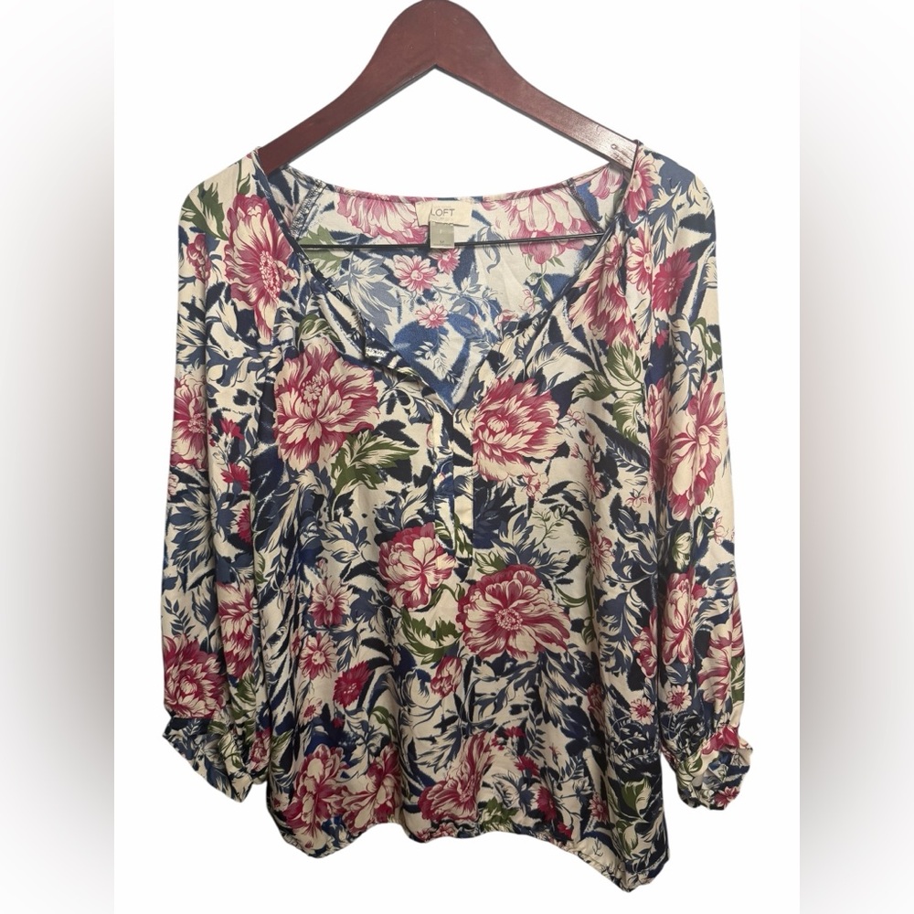 LOFT Floral Blouse Blue Pink Top Long Sleeve M